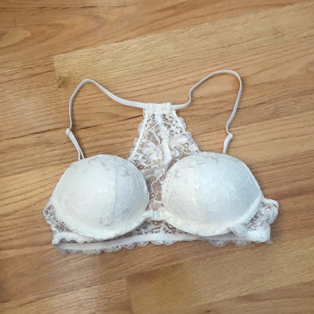 34B White, lace front clip push-up bra